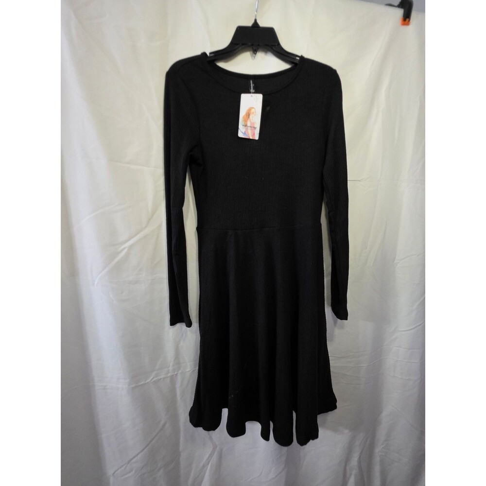 PrettyGarden Women's M Fit & Flare Black Ribbed Knit Long Sleeve Dress